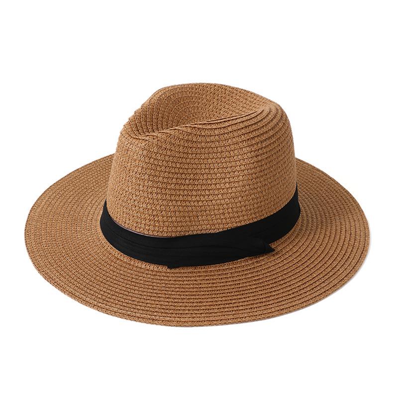 

Summer Panama Wide-Brimmed Straw Fedora - Outdoor Sunshade Beach Hat Small Buckle (Non-fixed Strap) кофейный