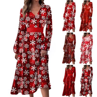 Women's Autumn And Winter Casual Fashion V-neck Long Sleeve Christmas Print Long Dress