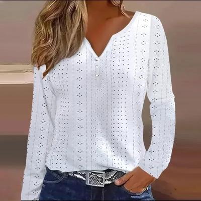 Fashion Hollow Out Tops Spring Autumn Long Sleeve V-neck Blouse Solid White Shirt For Women Loose Clothes 30416
