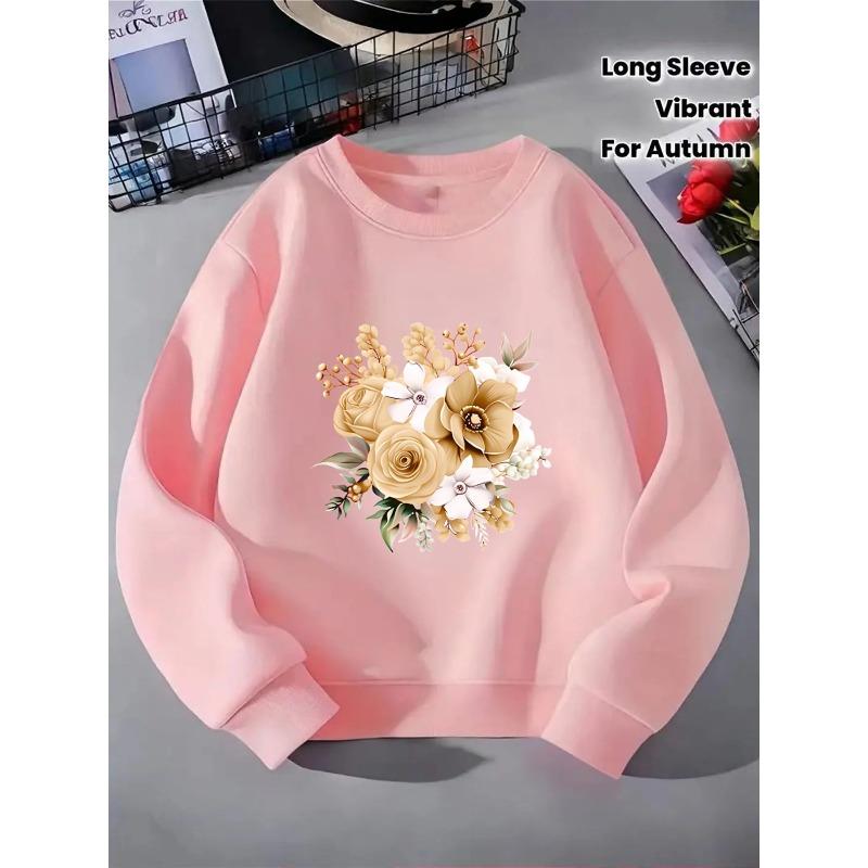 Girls' Round-Neck Hoodie | Golden Roses White Flowers Berries, Machine Washable, Spring and Autumn