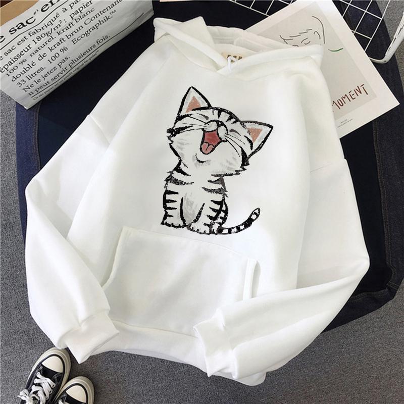 Funny Happy Cat Print Casual Pocket Hoodies Autunm Winter Women's Hooded Clothes Kawaii Graphic Sweatshirts 90s Y2k Streetwear