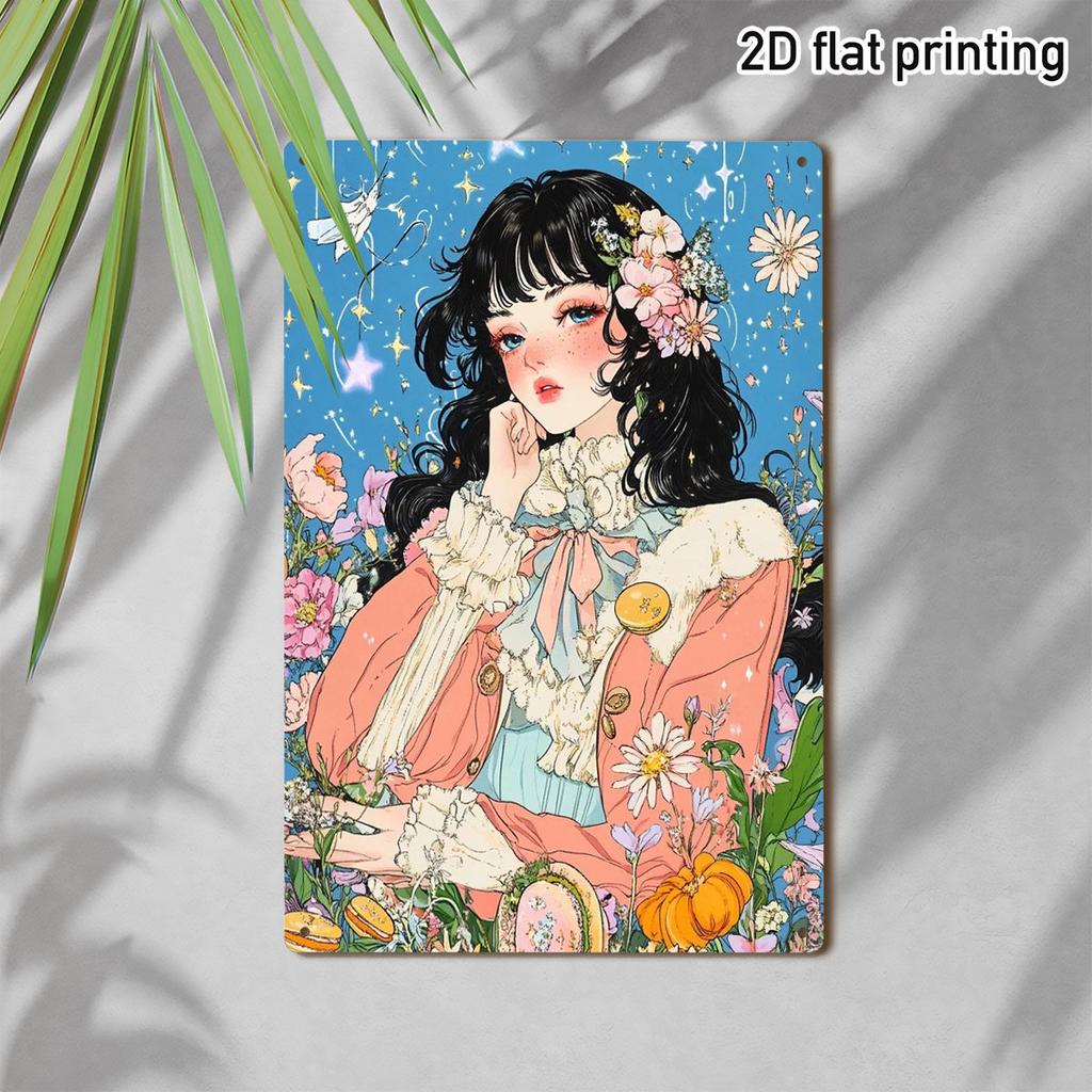 Metal D Anime Girl Sign Dreamy Floral Wall Art for Bedroom Kawaii Cottagecore Decor Aesthetic Gift