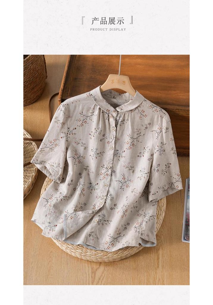 1116 Sommer Neu Baumwolle und Leinen Kurzarmhemd Damen Literarisch Retro Bedrucktes Oberteil Sommer Vielseitiges Literarisches Hemd Damen