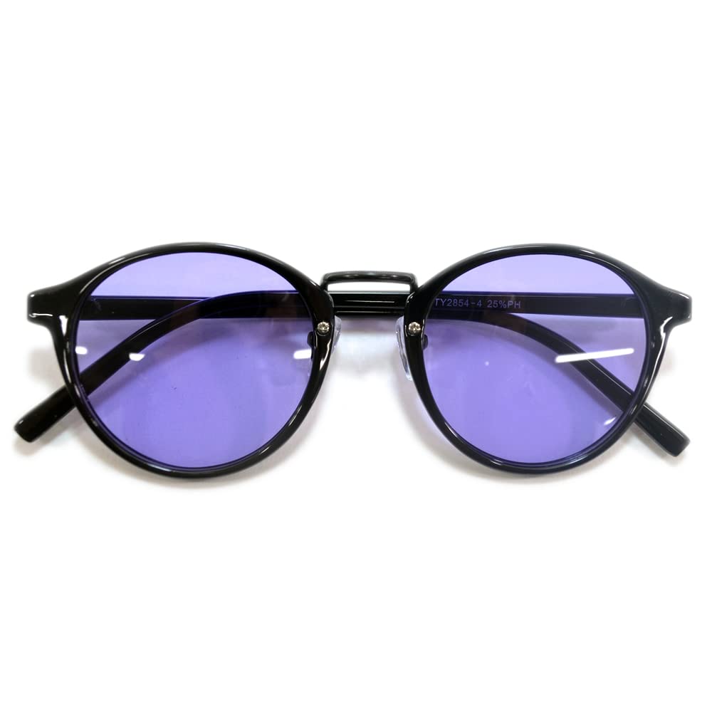 [MERRY PLEASURE] Merry Pleasure Sunglasses, Fashion Glasses, Men s & Women s, Boston Style, Round, Light-Colored Lenses (BLACK x Lt.PURPLE