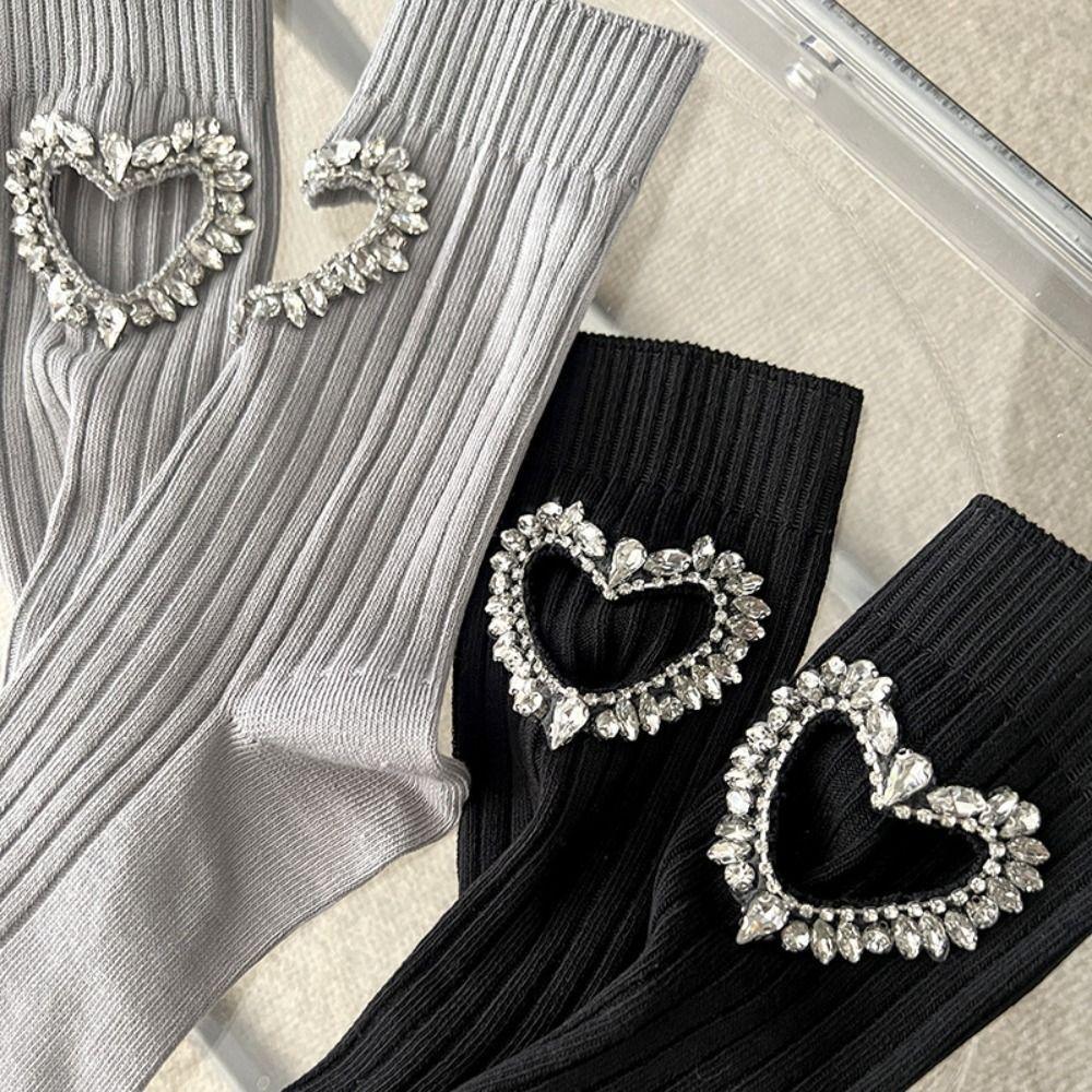 Crystal Rhinestone Heart Socks Cotton Mid-calf Socks Women Soft Y2K Tube Socks  Female