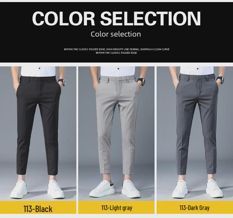 Pánské kalhoty z ledového hedvábí Slim Fit 9/10 délky v korejském stylu - Měkké, trendy, mírně elastické, univerzální ležérní kalhoty
