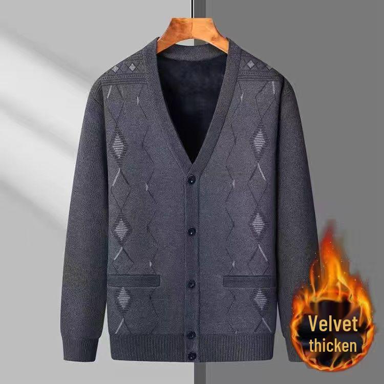 Men's V-Neck Thick Fleece Cardigan: Warm Knitwear for Dad and Grandpa