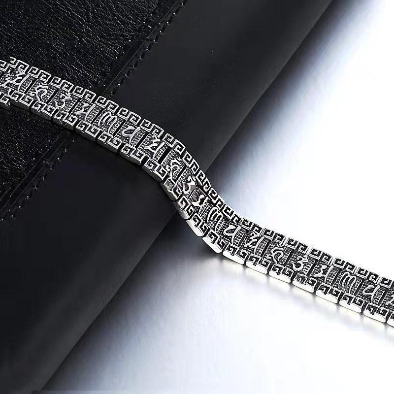New Silver Wide Version Men's Trend Personality Domineering Six-character Mantra Retro Men's Bracelet