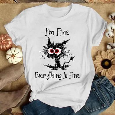 Mode Lustig Mir geht es gut Alles ist gut Katze Bedruckte T-Shirts Damen Sommer Lässig Kurzarm T-Shirts Rundhals Oberteile