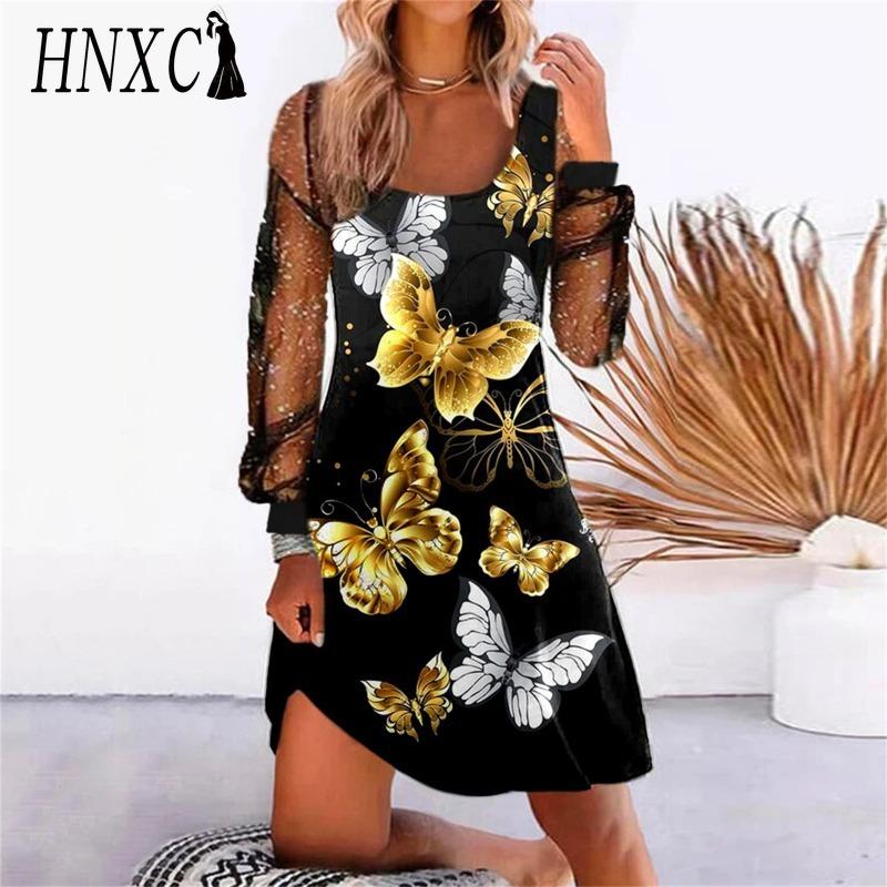 HNXC Robes décontractées à manches longues et col en U pour femmes, couleur unie, imprimé, taille haute, mode printemps-automne