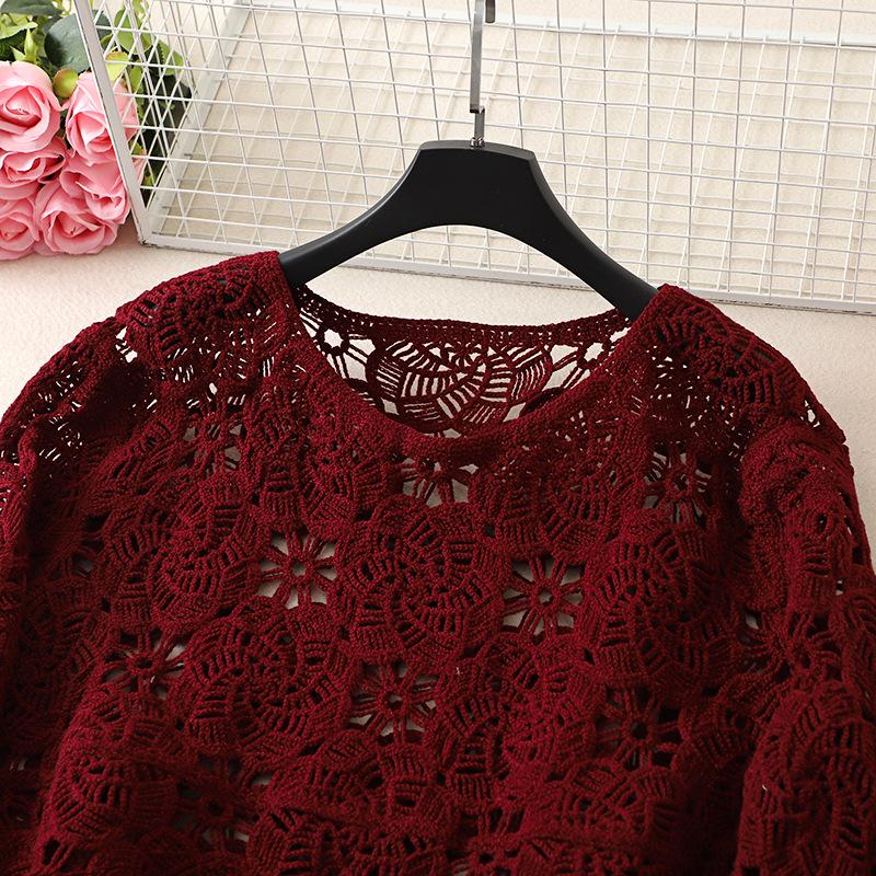 Women's Korean Style Red Sheer Knit Sweater with Hollow Design – Long Sleeve Round Neck, Autumn/Winter 2024