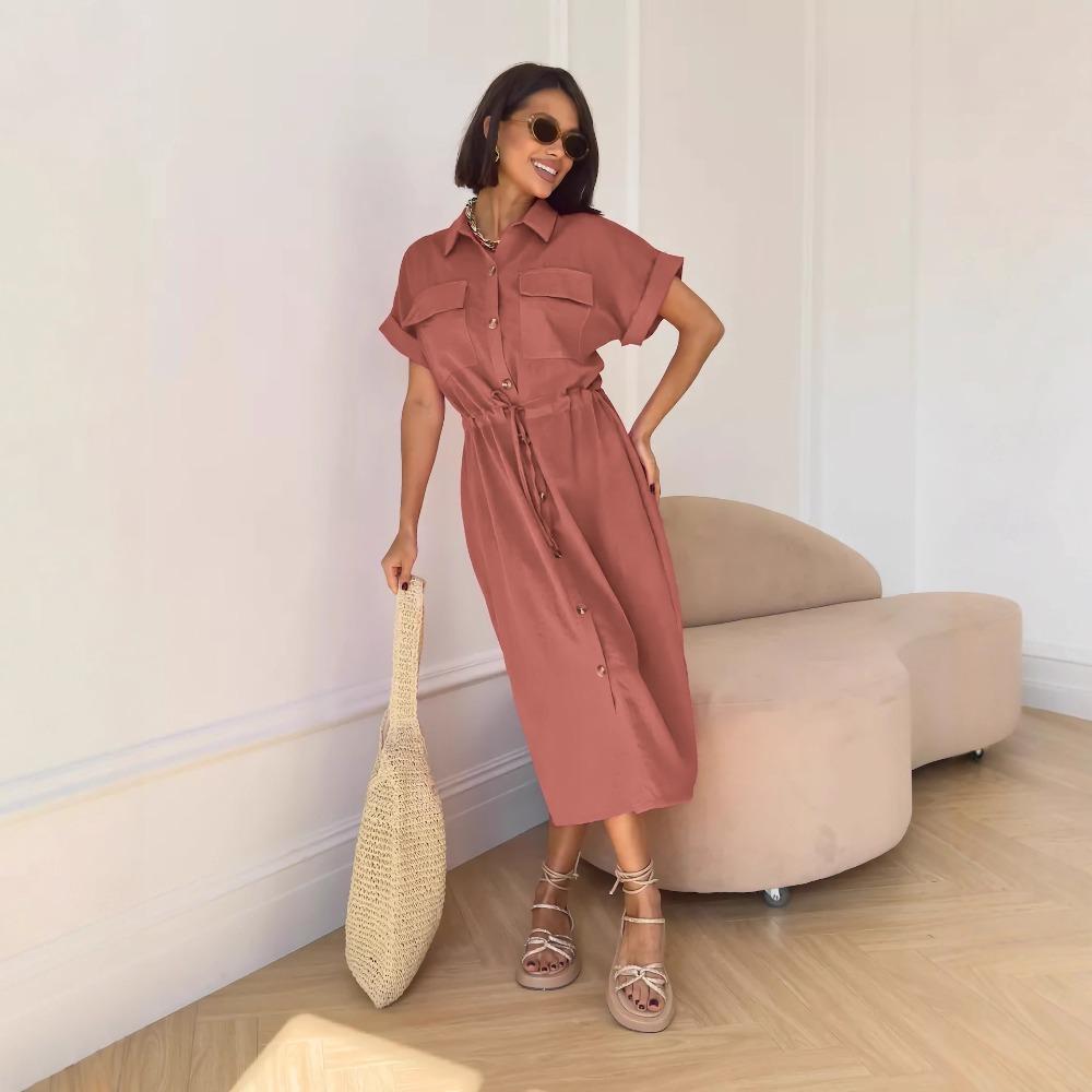Women's Turn Down Collar Short Sleeve Midi Dress Loose Mid Waist Elegant Solid Polyester Rayon Nylon Shirt Dress With Pocket Drawstring