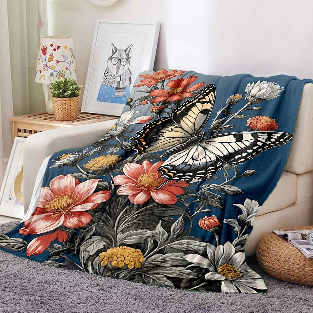 1pc Butterfly Flowers Lightweight Flannel Blanket, Comfortable and Warm Blanket, for Office and Camping Sofa Bed, Livingroom118