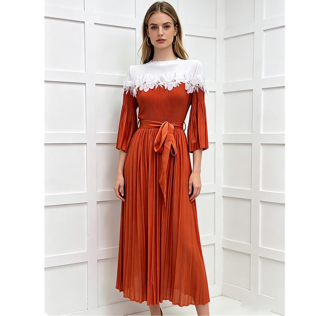 Miyake Pleated Lace-Panel Midi Dress Summer for Women 3/4 Sleeve Casual 3D Flower Appliques Print Vacation Midi Sundresss