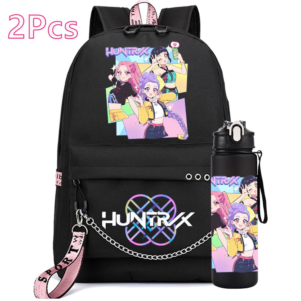 2Pcs/set Anime Cute Kpop Printed Backpack with 750Ml Water Bottler for Teenager Girl Boy Bookbag Kid Gift Large Capacity Travel Bag Rucksak