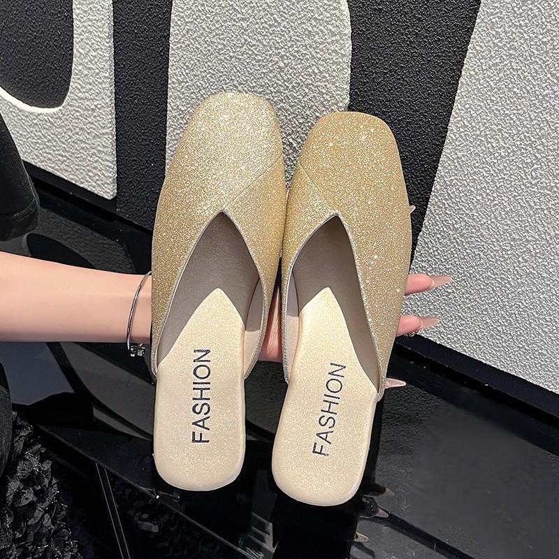 

Fashion Square-toed, Half-flip-flops for Summer Women Wearing 2025 New Sequined Soft Flat One-foot Muller Flip-flops 34 золотой