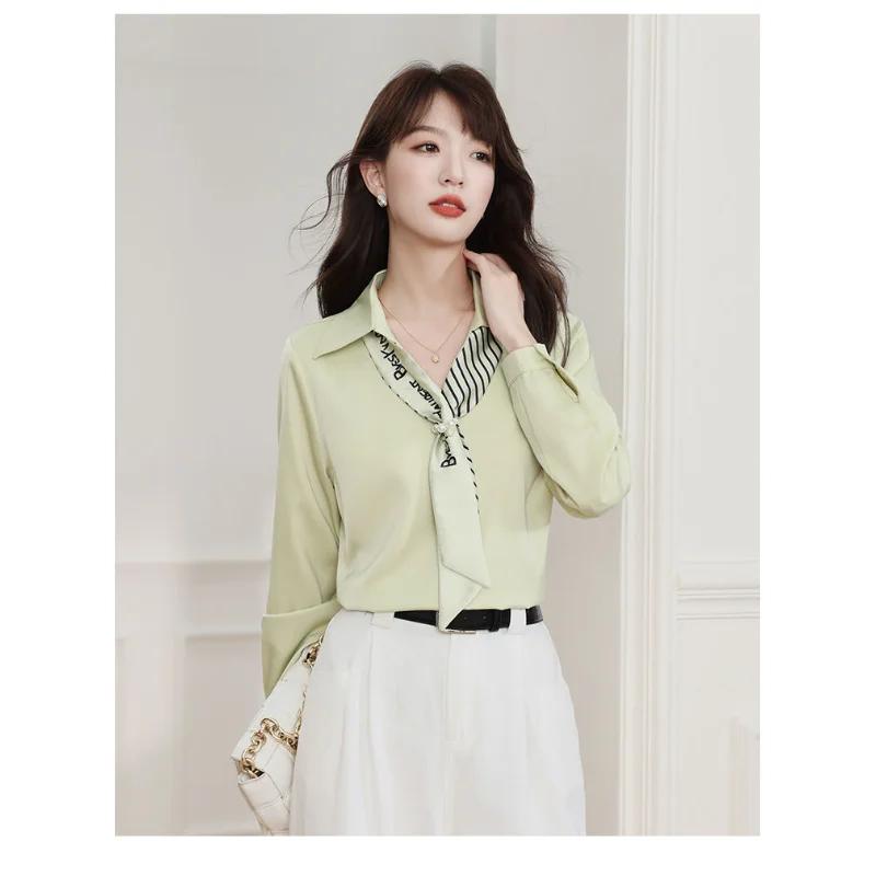 Damen Krawatte Matcha Grün Design Hemd Frühling Herbst Seidenschal Satin Langarm