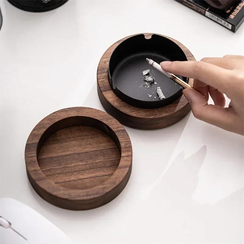 Walnut Wood Ashtrays With Lid Covered Windproof Ashtray Stainless Steel Liner Indoor Outdoor Ash Tray For Home