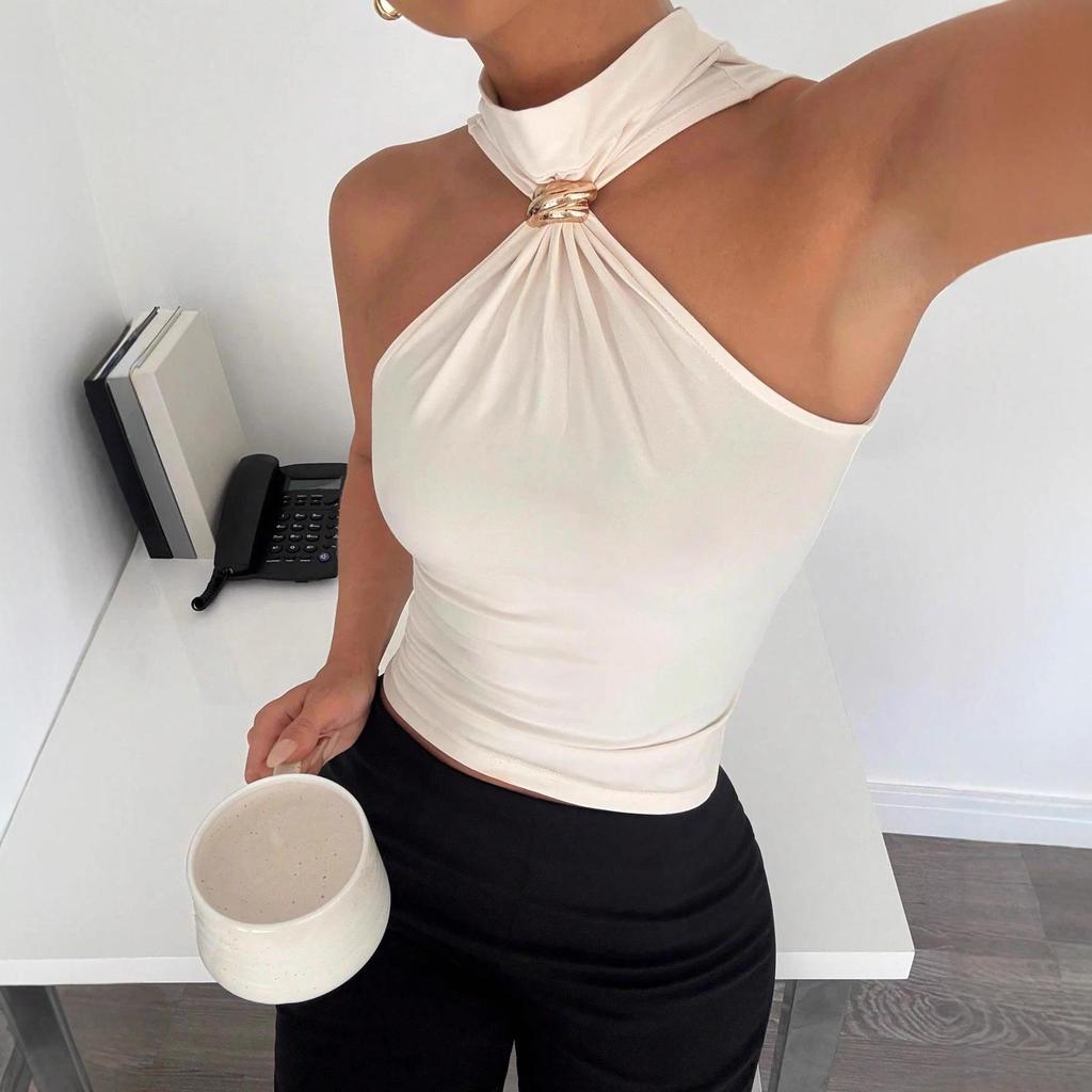 2025 Spring/Summer Women's High Neck Metal Ring Sleeveless Off-Shoulder Elastic Vest