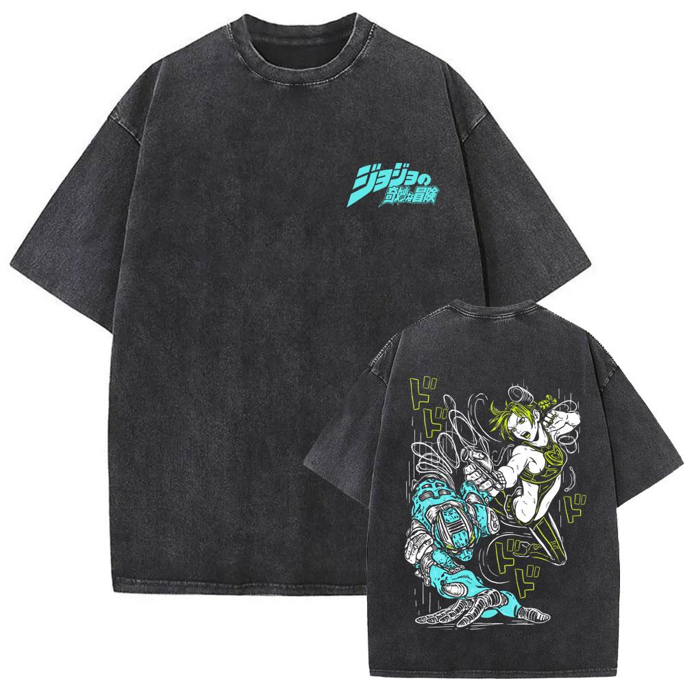 Washed Vintage Anime Jojos Bizarre Adventure Giorno Giovanna Graphic T Shirt Men Women Manga Streetwear Fashion Trend Tshirts S
