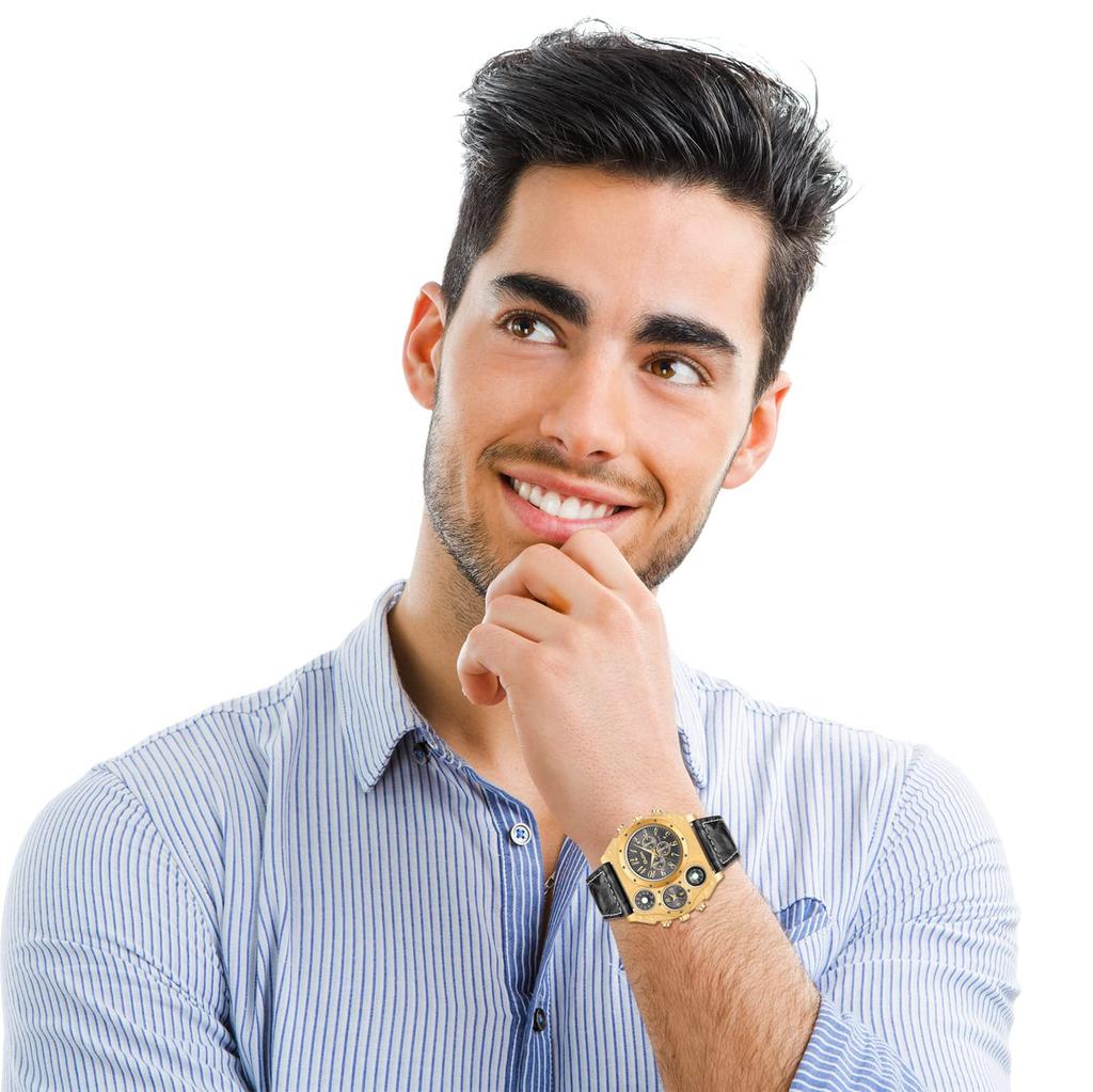 Dual Time Leather Band Sports Business Gold and Perfect Gift for Him or Fashion Accessory Men's Watch, Waterproof, Simple, Casual, Style, Black, Her,