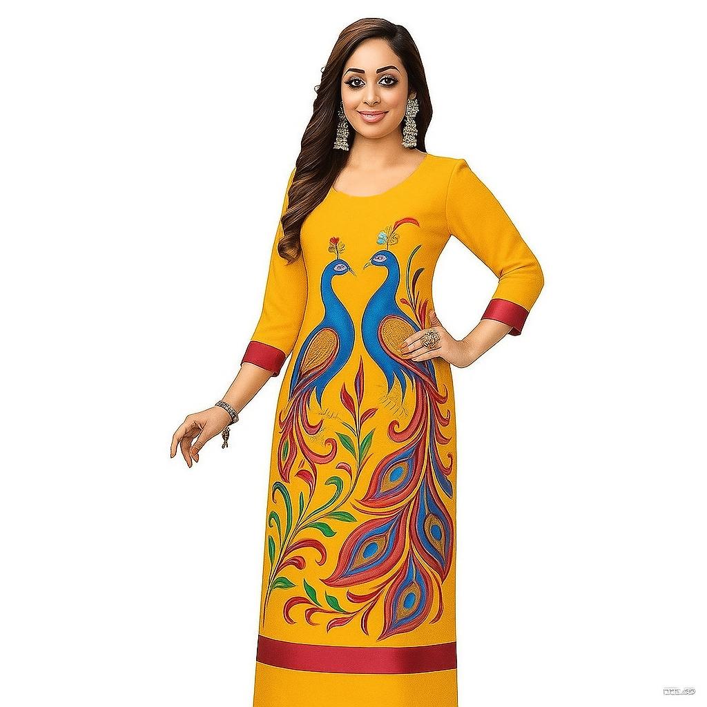 Muslim skirt, peacock print, round neck kurta, Morandi color, long skirt, suitable for holiday date, Eid festival, festival essential