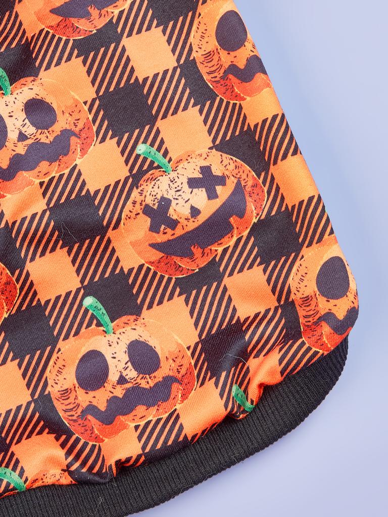 Halloween Pet Hoodie with Pumpkin Prints, Orange & Black Plaid Design, Hooded Sweatshirt Festive Outfit for Small Dogs Cats Pet