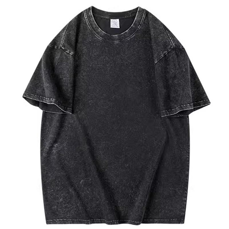 230g Pure Cotton Washed Distressed Unisex Retro Loose-Fit Batik Short Sleeve T-Shirt XXL чёрный