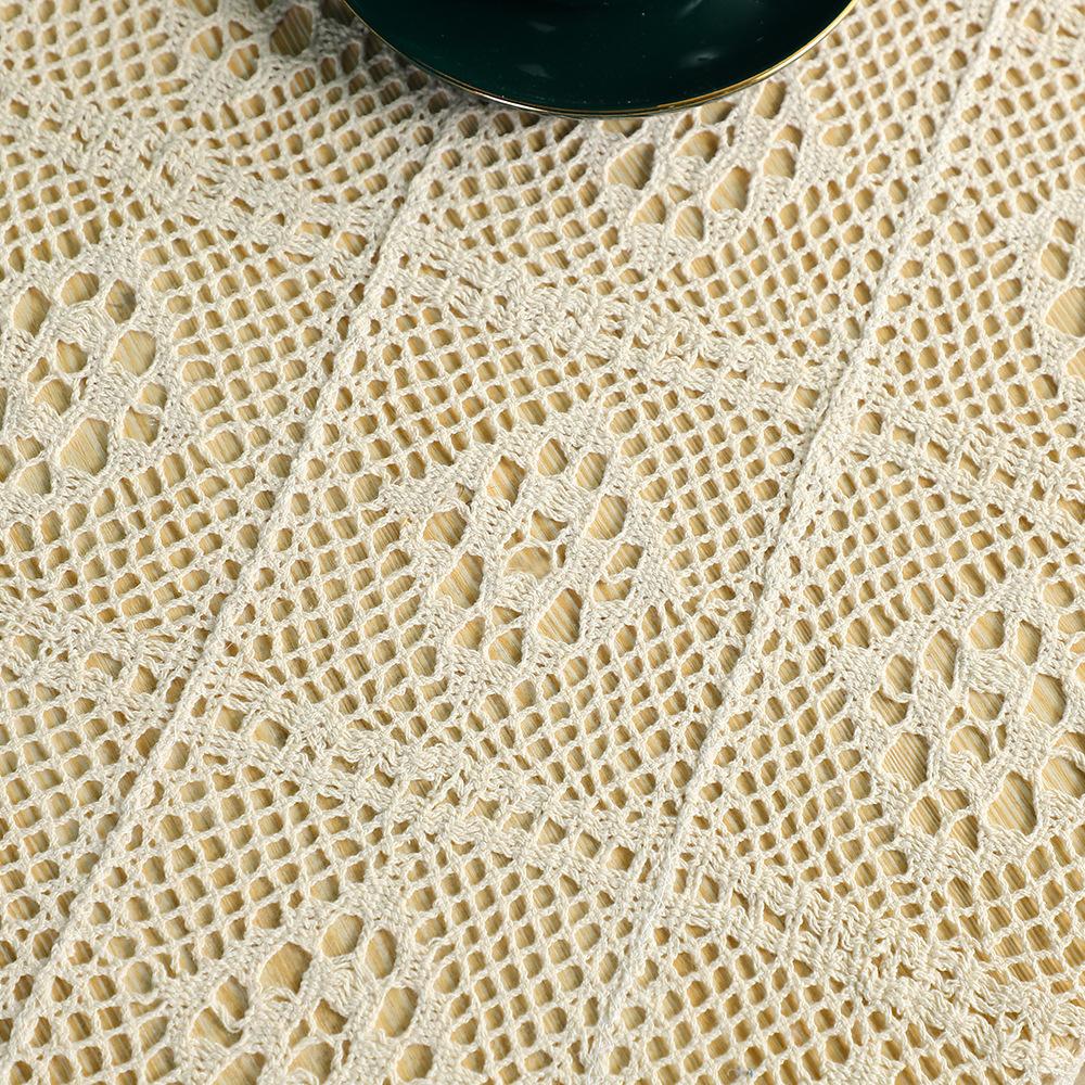 Hollowed Out Lace Tablecloth Tassel Pastoral Tablecloth Beige Dust Cover Cloth Rectangular Round Table Cloth
