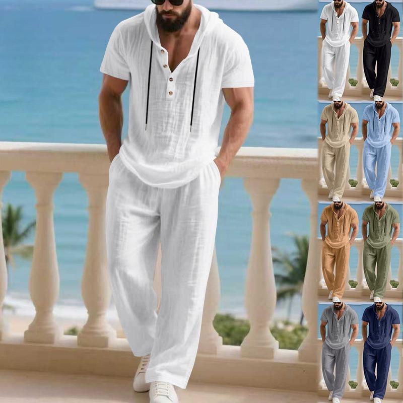 Men'S Casual Linen Hooded Shirt and Pants Set | Short Sleeve, Drawstring Waist, Non-Stretch, Solid White, Vacation Homewear with Woven Texture