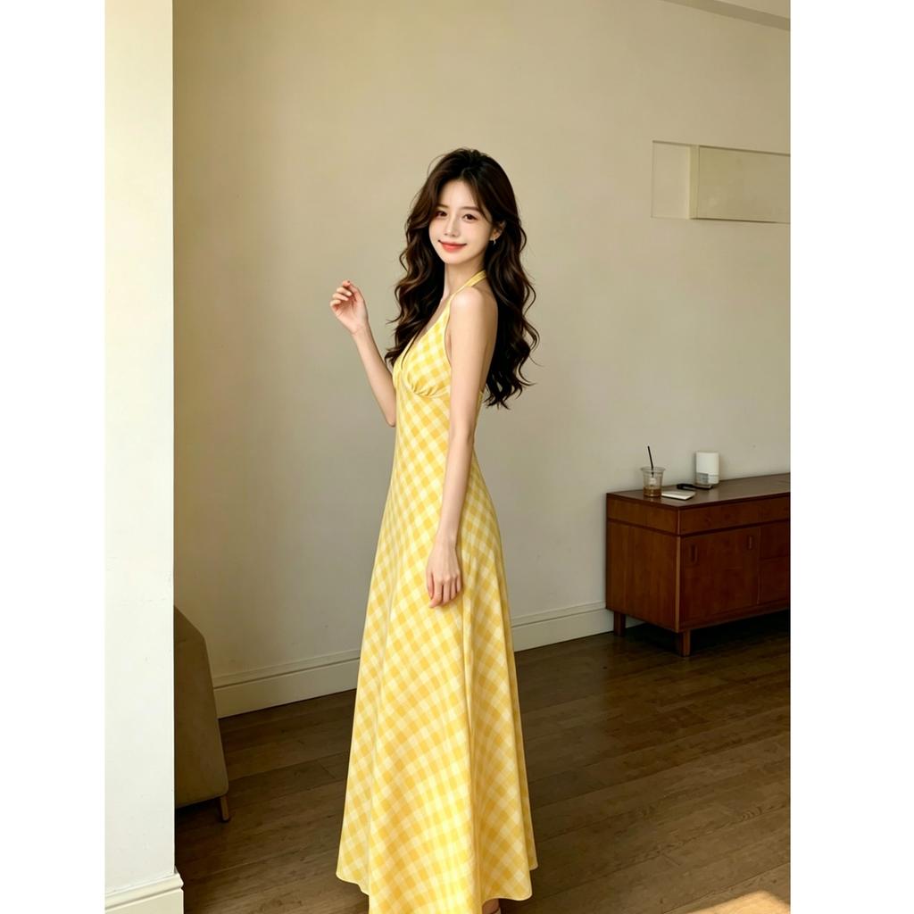 Dopamine Yellow Plaid Dress Is Thin and Gentle Temperament Neck Sling Dress V-neck Lazy Vacation Style