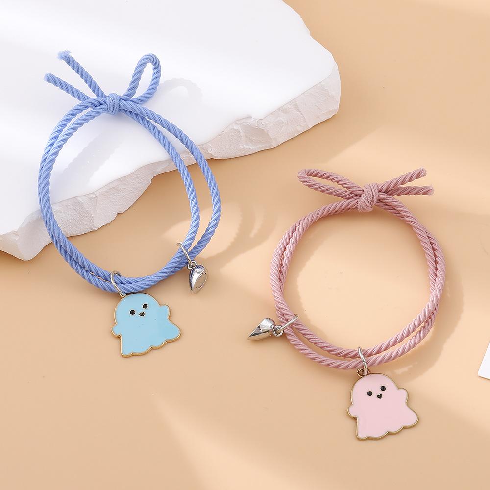 Couple Bracelet, Ghost Pendant Bracelet, Two Pcs Heart Shaped Magnetic Bracelet, Halloween Heart-shaped Attraction Bracelet