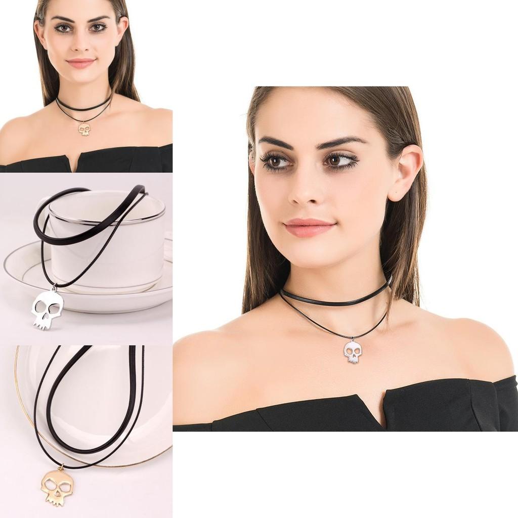 Versatile Dual Layer Skull Choker Necklace Unisex Stylish Black Cord Alloy Pendant For Neck