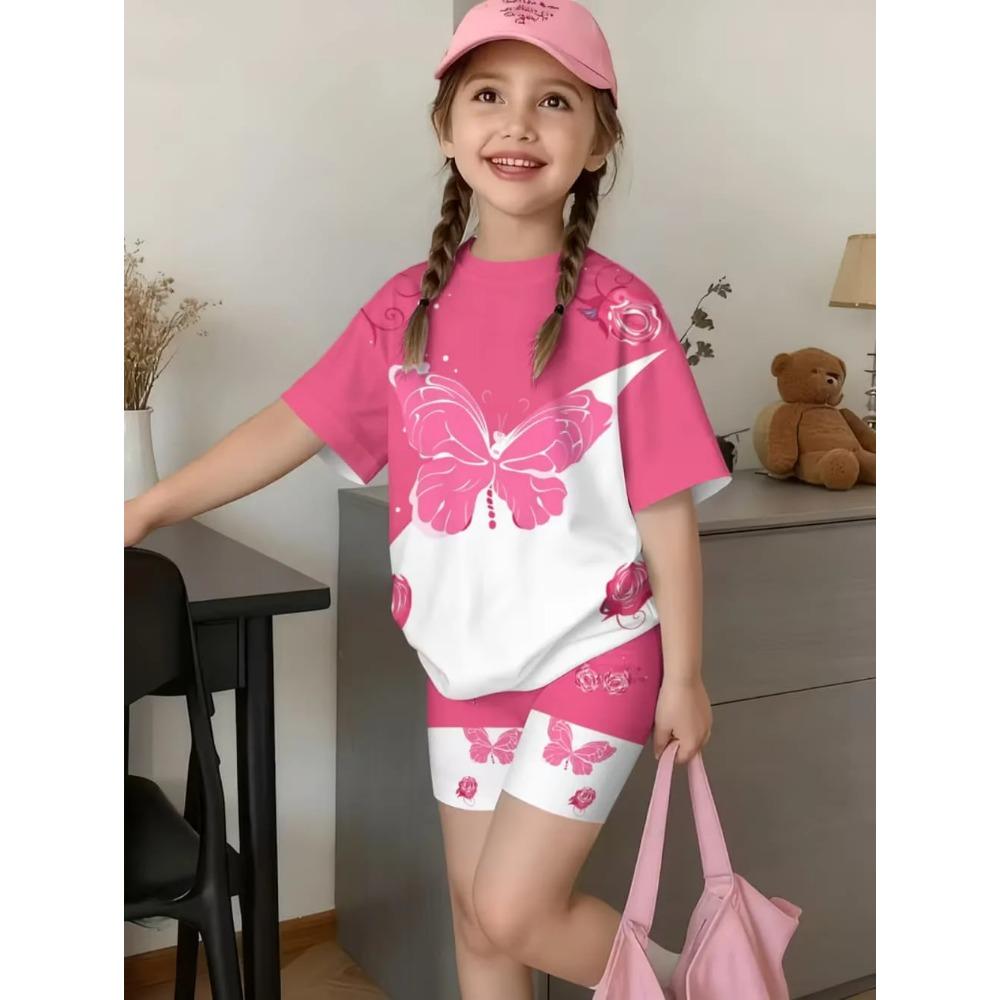 2-teiliges Sommer-Kinder-Komfort-Süßes Schmetterlings-3D-Druck-Kurzarm-Shorts-Set für Jungen und Mädchen Lässiges Haus-Outdoor-Set
