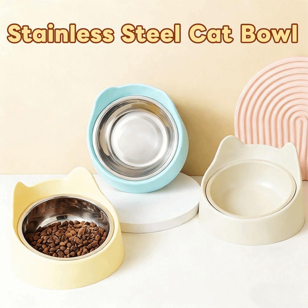 New 15° Inclined Stainless Cat Bowls Non-slip Base Neck Protection Food Feeding Bowls Cute Ear Pet Bowl Pet Supply