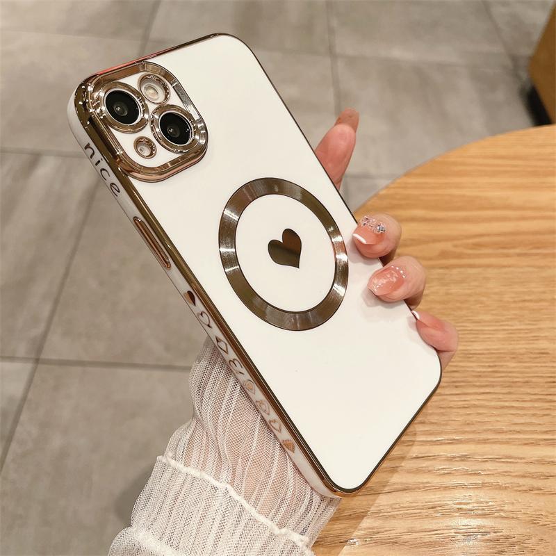 Custodia di lusso Magsafe Magnetica Placcata con Cuore d'Amore per iPhone 11 12 13 14 15 16 Pro Max X XR XS Plus Cover per Ricarica Wireless