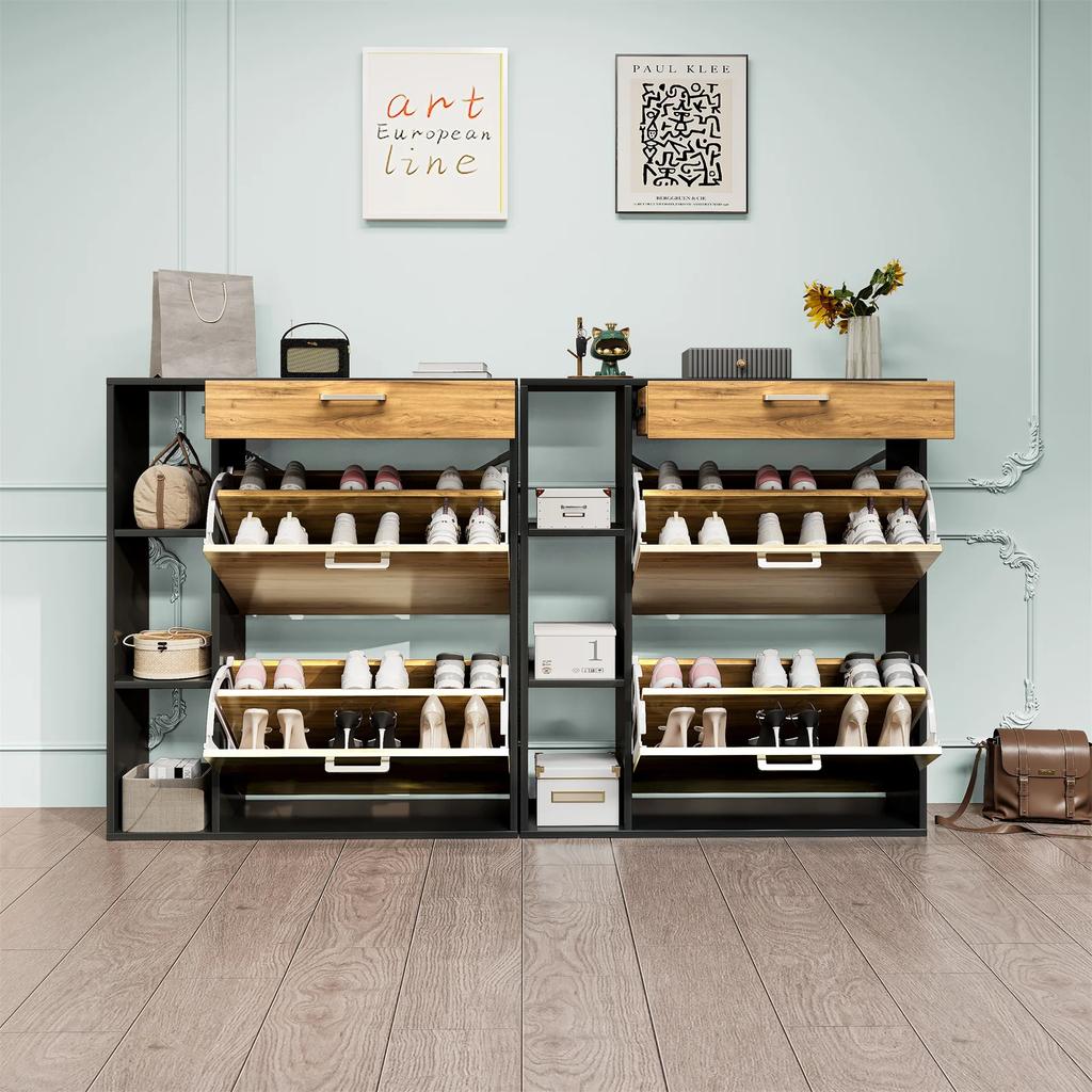 Wooden Shoe Cabinet With 2 Flip Drawers Pull Down Shoe Storage Organizer Cupboard For Entrance Area Hallway Living Rooms
