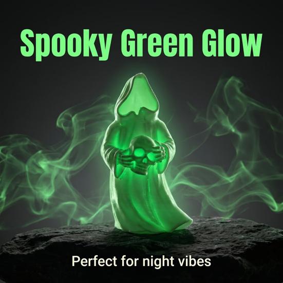 Luminous Spooky Figurine 3D Printed Glow In The Dark Skull Ornament, Gothic Hooded Ghost Statue for Halloween Desktop Decoration, Resin Party