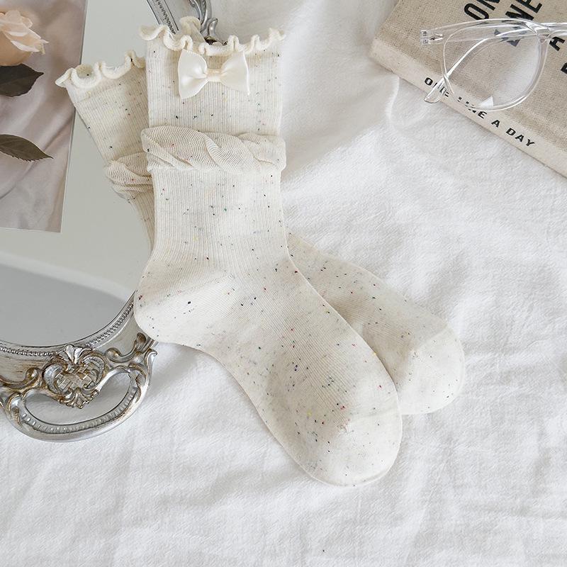 Women's Mid-Calf Bow White Socks - Spring/Summer Solid Color, Japanese Trend, Scrunched & Boneless