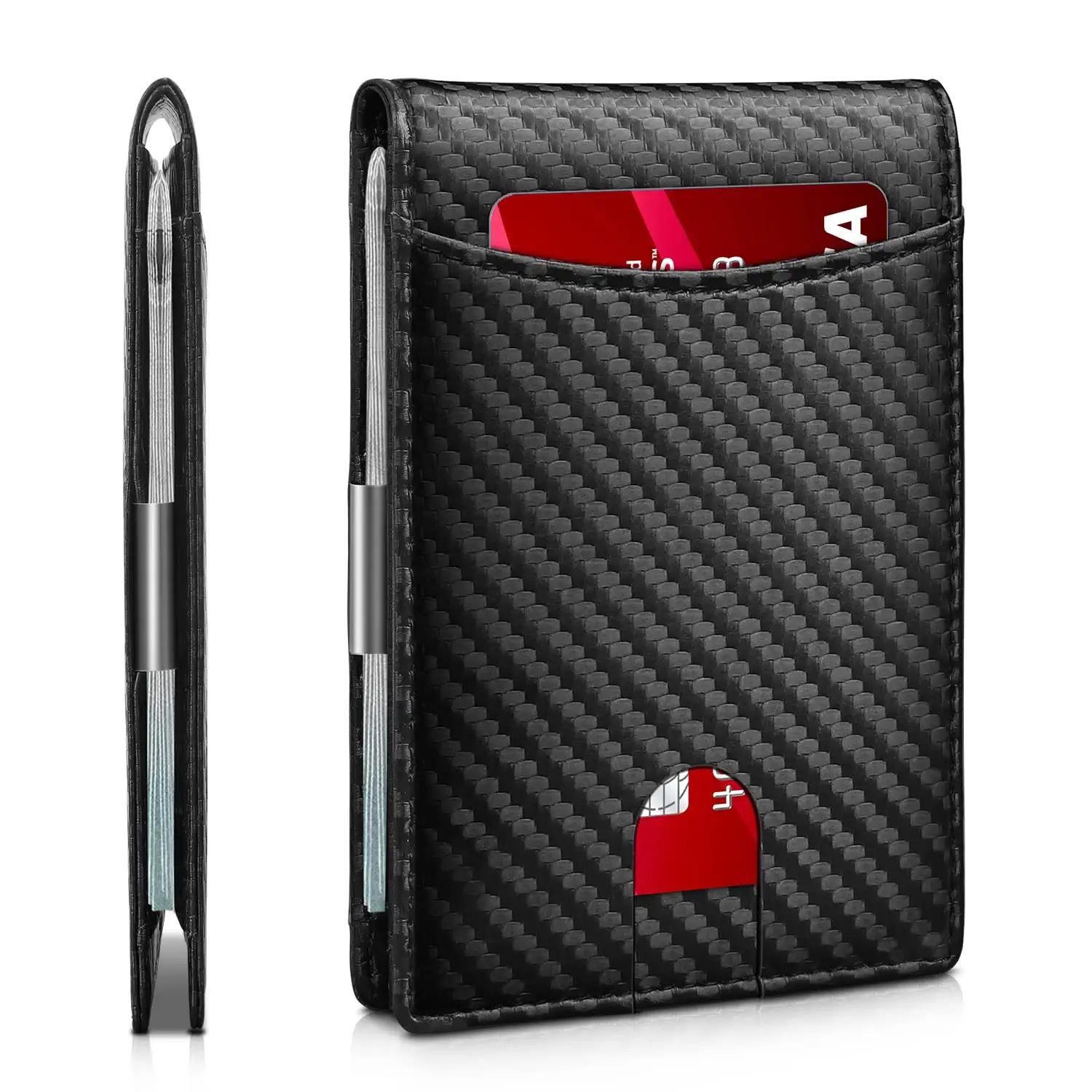 Portafoglio intelligente sottile da uomo in vera pelle RFID 2023 con clip per carta di credito per soldi Mini titolare della carta portafoglio sottile da uomo con blocco 11cm*8.5cm*1cm colore nero in fibra di carbonio