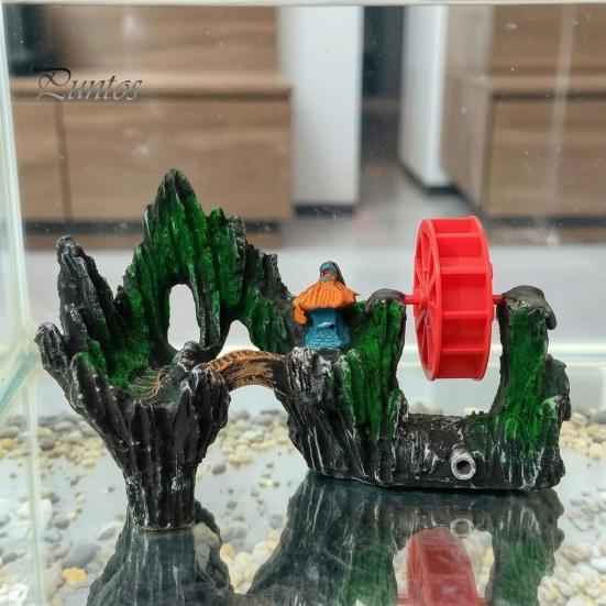 Spinning Waterwheel for Fish Tank Aquarium Waterwheel, Ornament, Mini Rockery Mountain Air Bubbler, Resin Accessory Aerating Action Hideout Cave Betta
