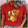 Unisex 100% Polyester Cartoon Brown Bear Print Loose Round Neck Casual Short Sleeve T-Shirt Fashion Top for Summer