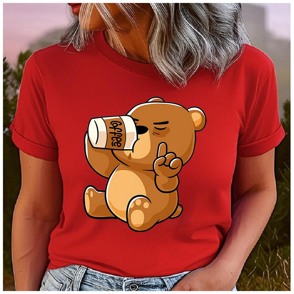 Unisex 100% Polyester Cartoon Brown Bear Print Loose Round Neck Casual Short Sleeve T-Shirt Fashion Top for Summer