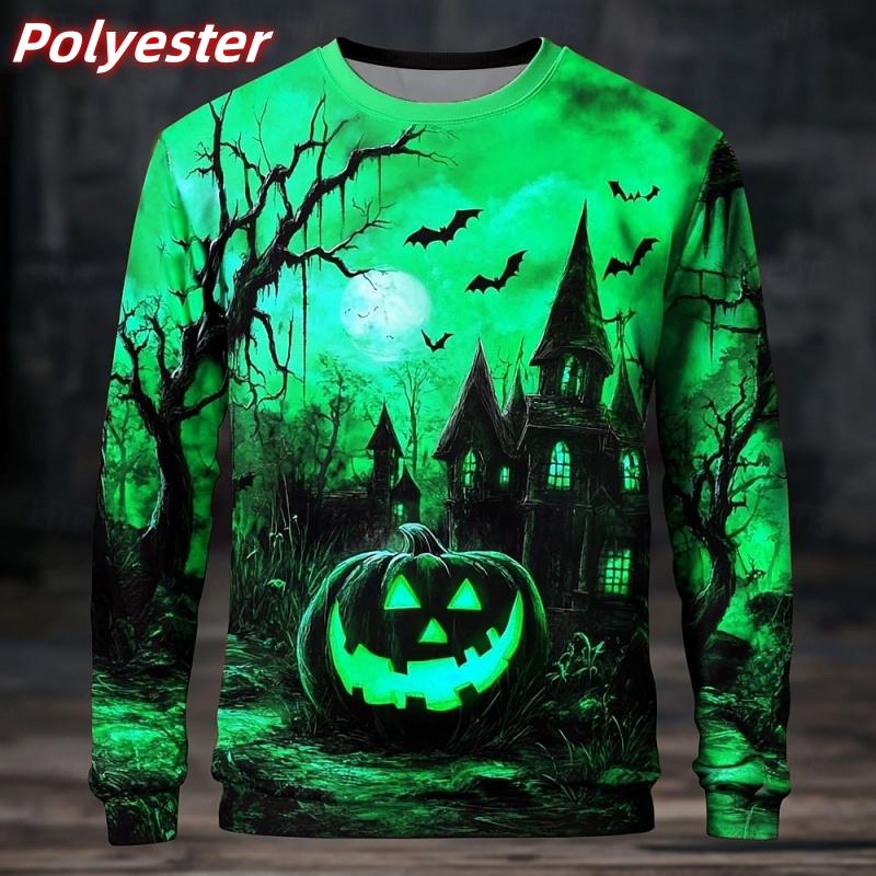 

Худи с рисунком тыквенного дома, дерева и летучей мыши для мужчин, пуловер с 3D-принтом на Хэллоуин, осенний топ с длинным рукавом и свободным круглым вырезом, толстовка S