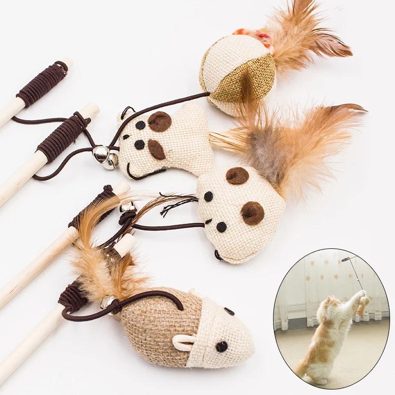 Interactive Cat Toys Set for Indoor Cats Wooden Wand with Bell Feather Sisal Mouse Balls Chew Rope Kitten Chase Exercise Play Pet Supplies