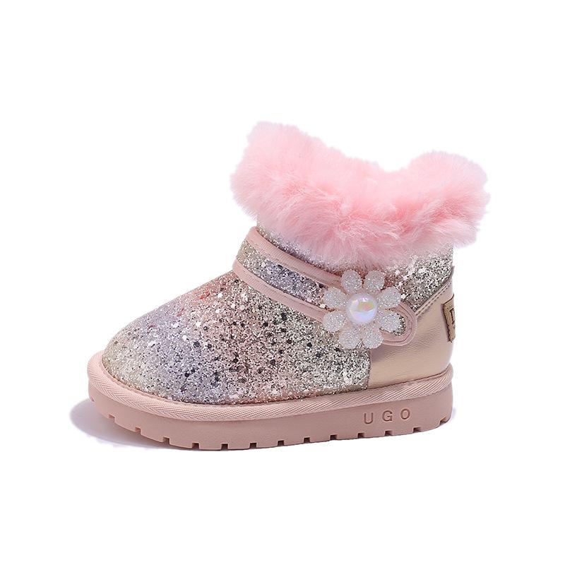 Children's Snow Boots New Winter Model for Girls, Thick Cotton Shoes with Fleece Lining, Baby Boots, Leather and Fur Integrated Cotton Boots,