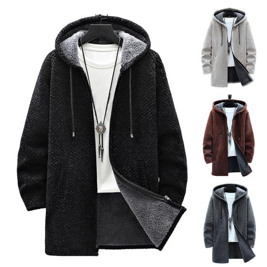 Suéter con capucha Otoño Invierno Espesar Manga Larga Cordón Forro de Felpa Longitud Media Chaqueta de Punto Ropa de Calle
