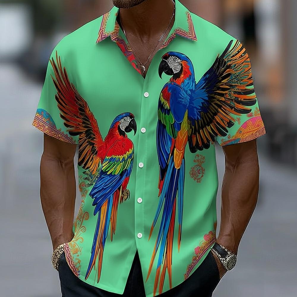Men's Parrot Bird 3D Print Hawaiian Shirt Tropical Aloha Shirt Short Sleeve Button Up Turndown Shirt for Summer Beach Wear