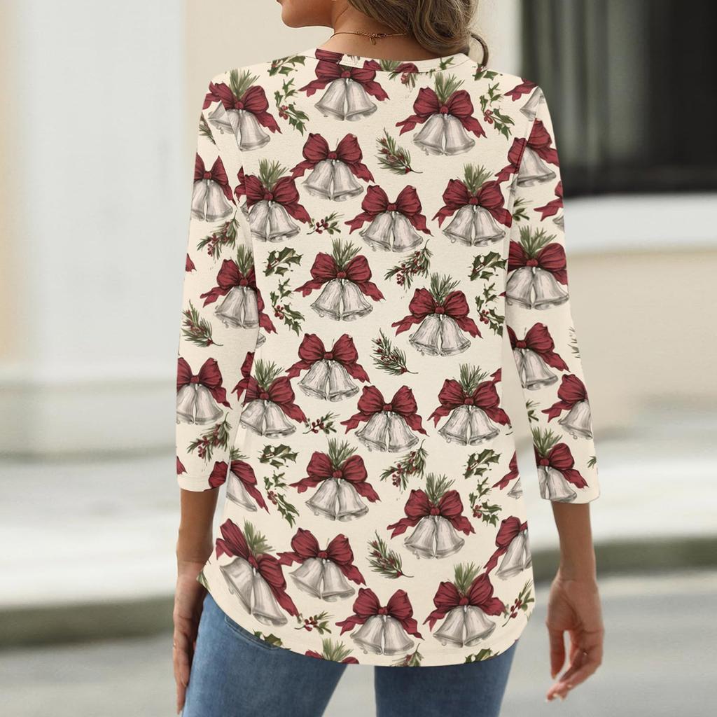 Women's Casual Christmas Print V-Neck Button Three-Quarter Sleeve T-Shirt