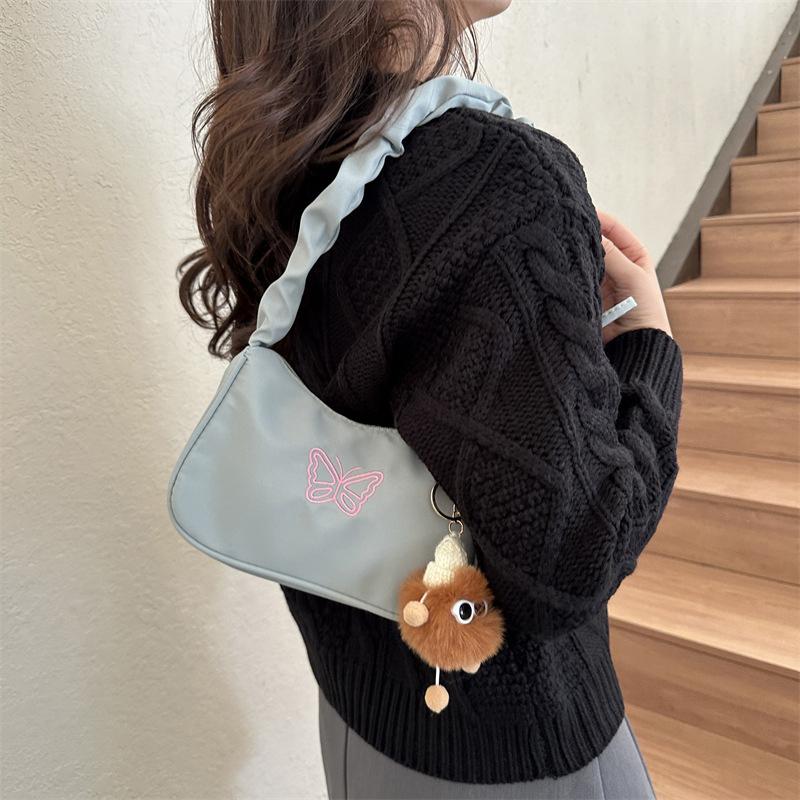 Cute Embroidered Bowknot Butterfly Shoulder Bag Women Pleated Handbag Half-Moon Underarm Bag  Oxford Nylon Bow Tote Bag